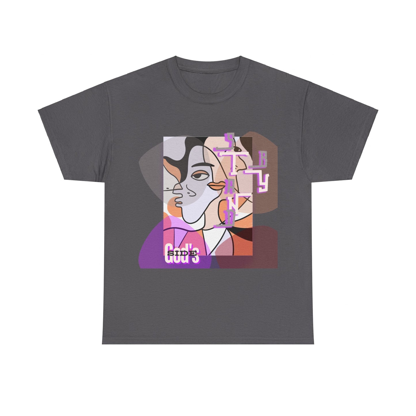 Heavy Cotton Tee with Two Cool Abstract Face Drawings - "Stand by GODS SIDE
