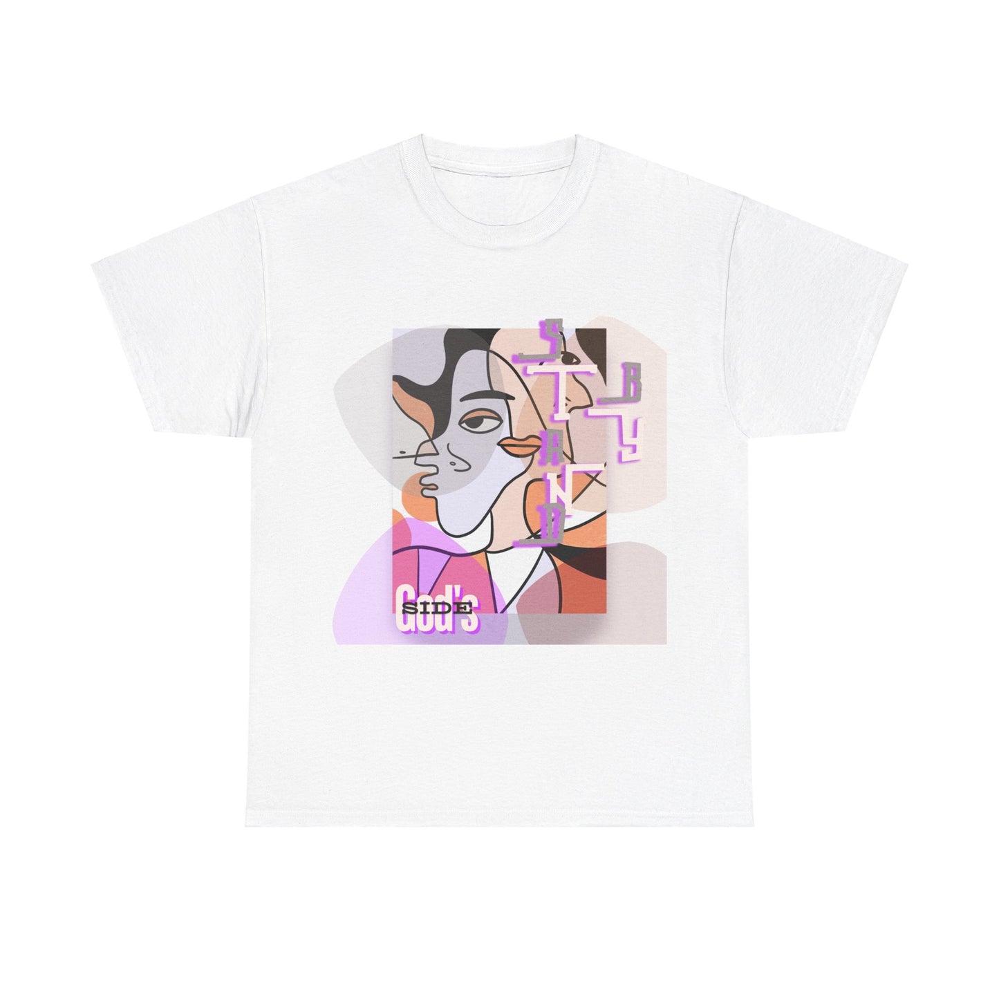 Heavy Cotton Tee with Two Cool Abstract Face Drawings - "Stand by GODS SIDE
