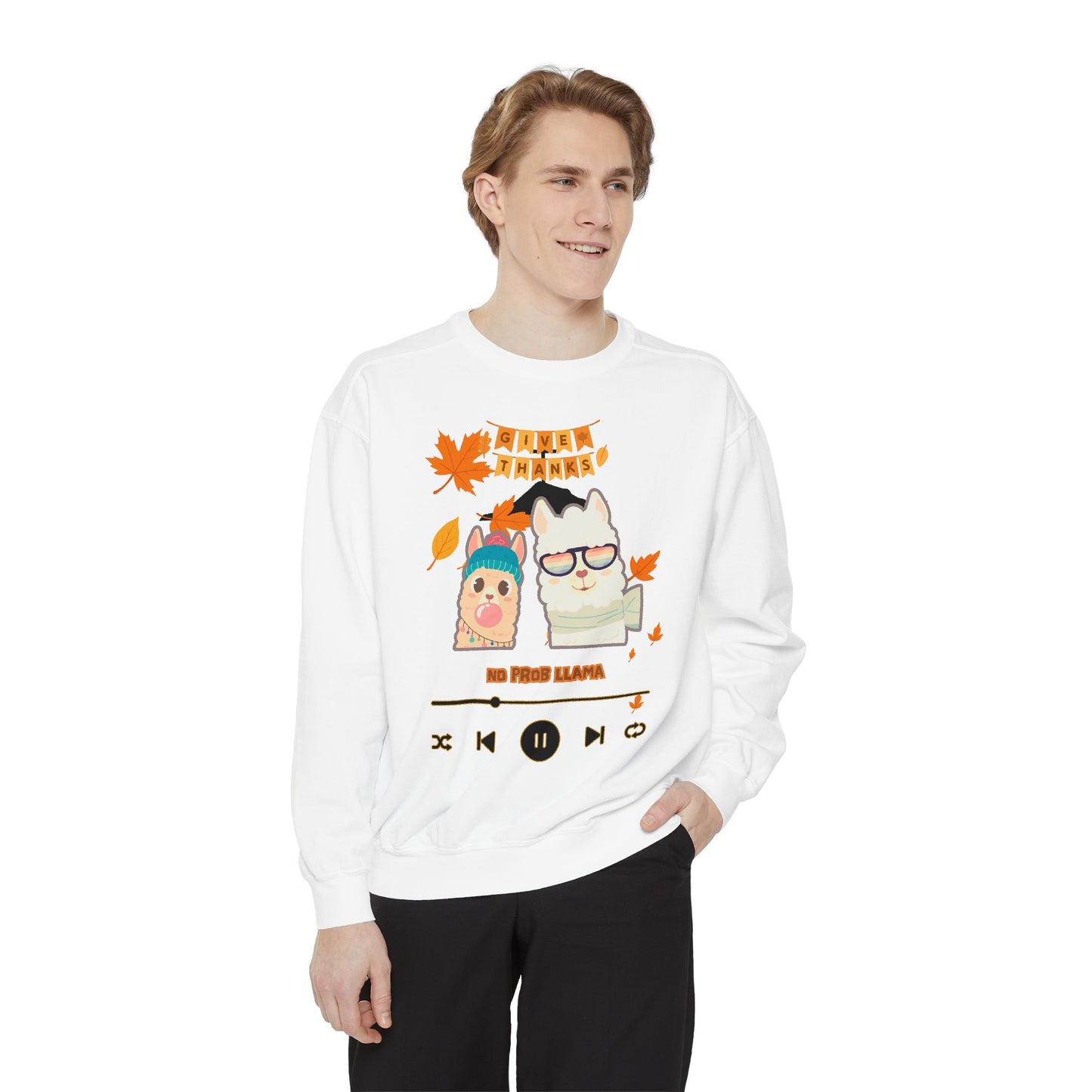 Garment-Dyed Sweatshirt Cozy Fall Autumn Give Thanks Graphic Llama