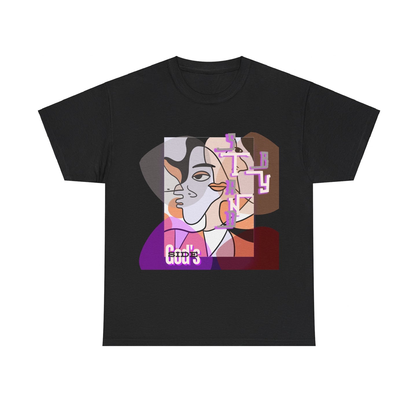 Heavy Cotton Tee with Two Cool Abstract Face Drawings - "Stand by GODS SIDE
