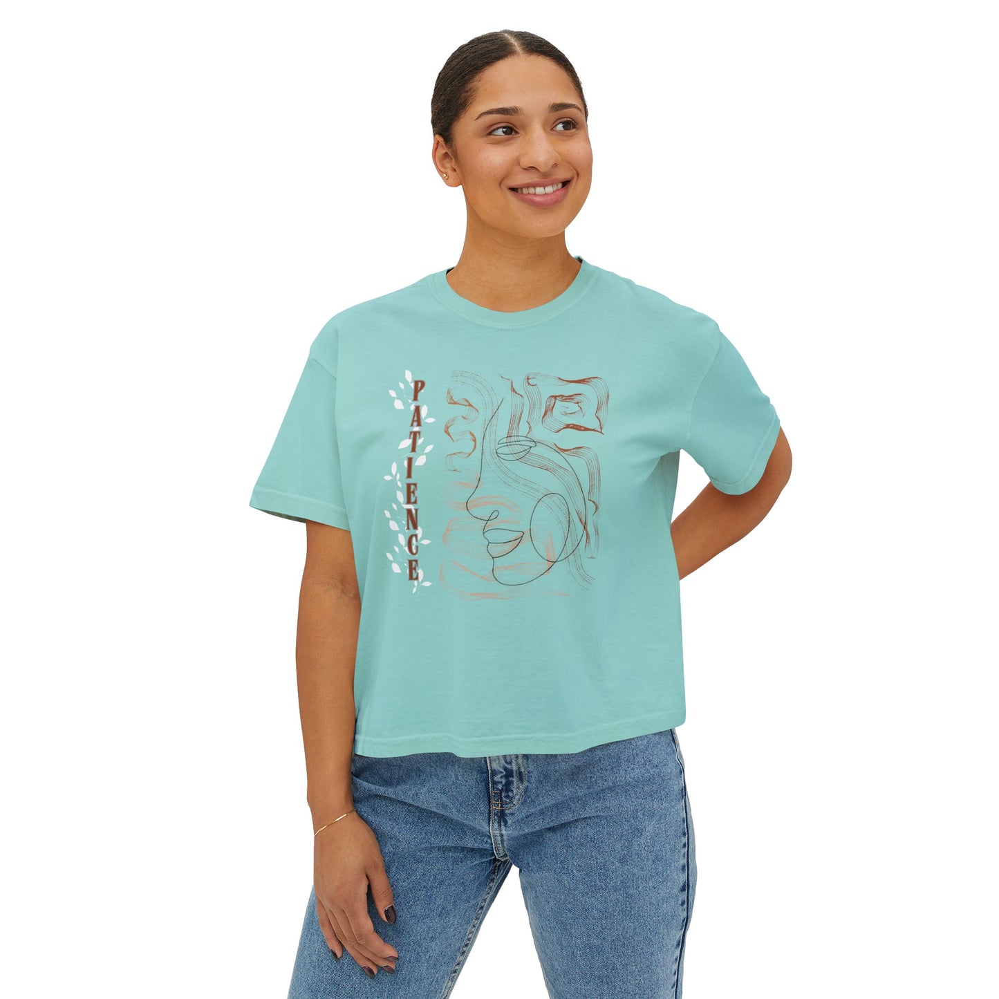 Women's Boxy Tee with Abstract Face Doodle Drawing - "PATIENCE"