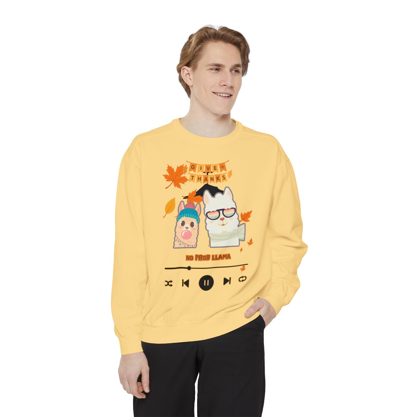 Garment-Dyed Sweatshirt Cozy Fall Autumn Give Thanks Graphic Llama