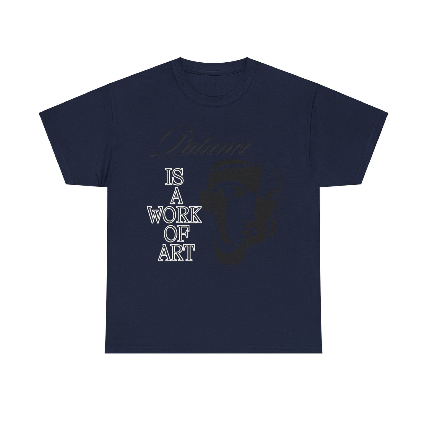 Heavy Cotton Tee with Abstract Face Drawing - "Patience is a Work of Art"