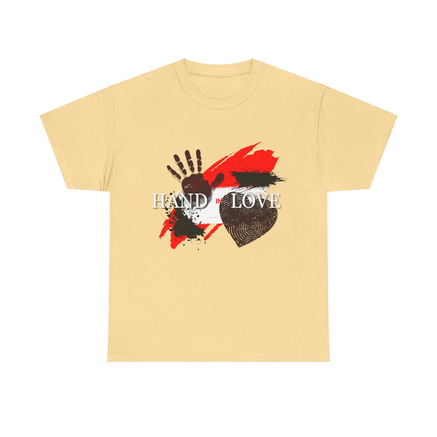 Heavy Cotton Tee with Powerful Ink Hand Print and Splattered Ink - "Hand in Love"