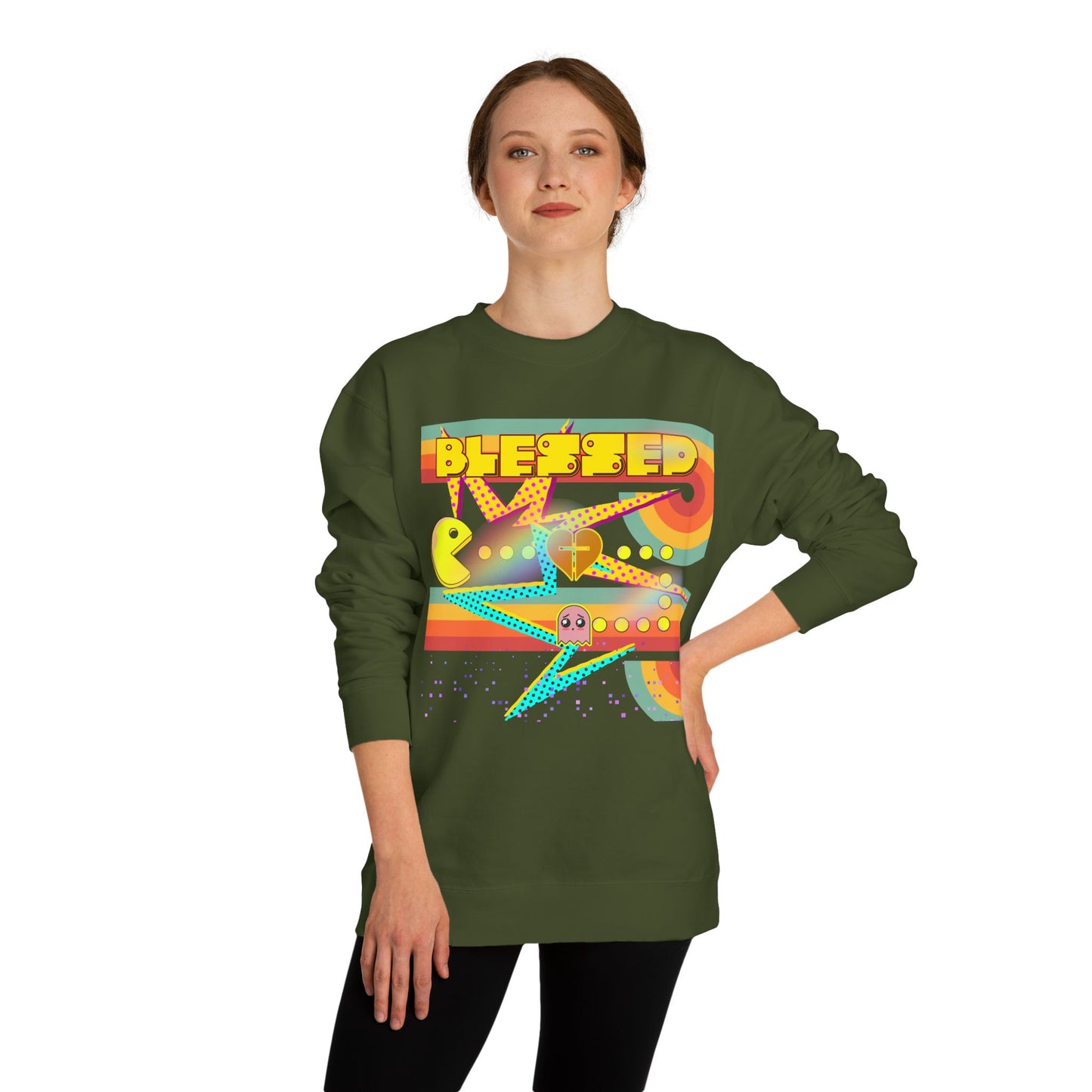 Retro Arcade Blessed Sweatshirt, Unisex Crew Neck Sweatshirt, Gamer Gift, Vintage Aesthetic Apparel, Cozy Gift for Gamers