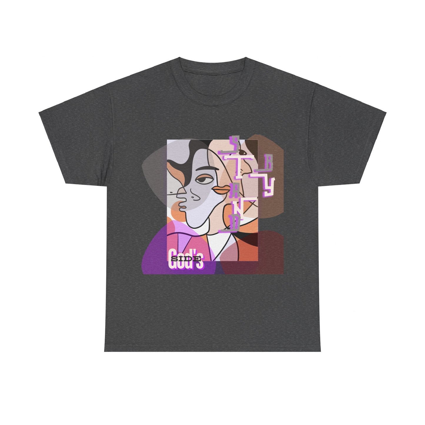 Heavy Cotton Tee with Two Cool Abstract Face Drawings - "Stand by GODS SIDE