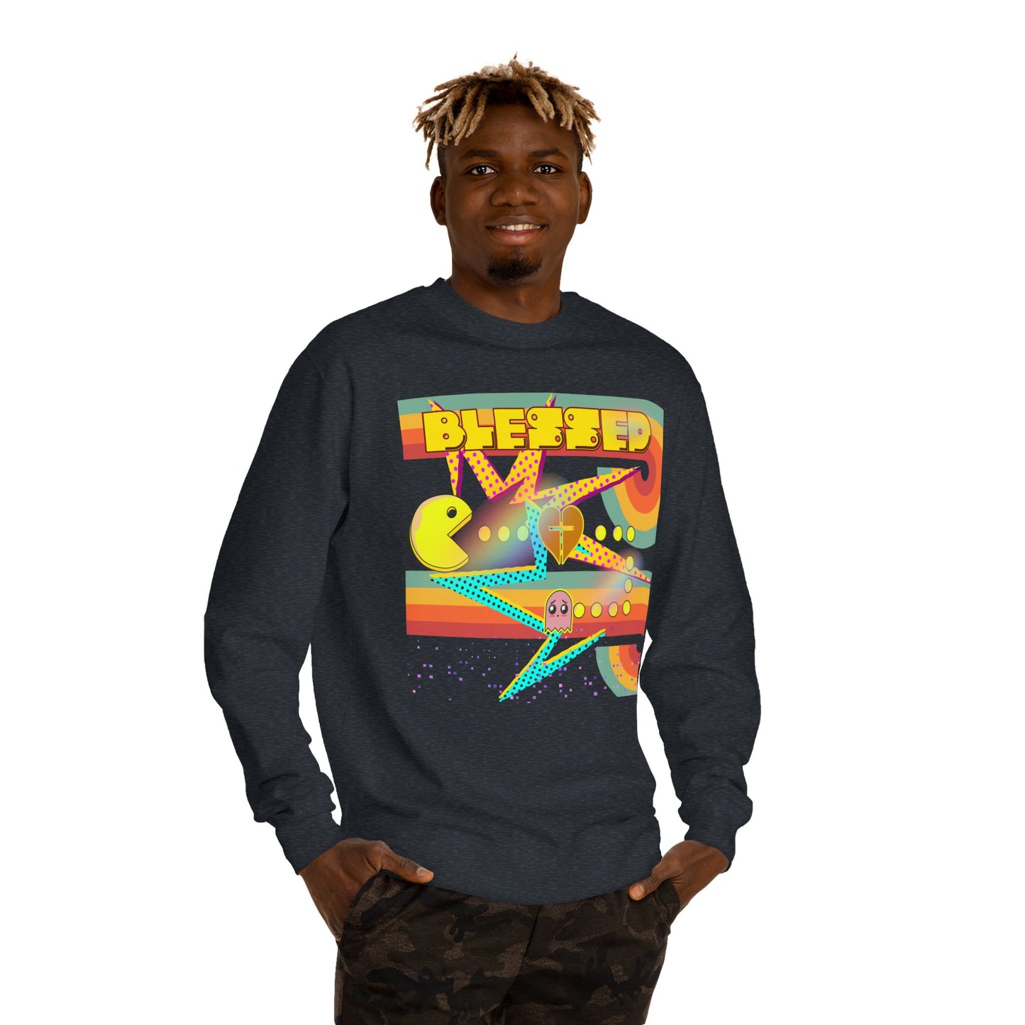 Retro Arcade Blessed Sweatshirt, Unisex Crew Neck Sweatshirt, Gamer Gift, Vintage Aesthetic Apparel, Cozy Gift for Gamers