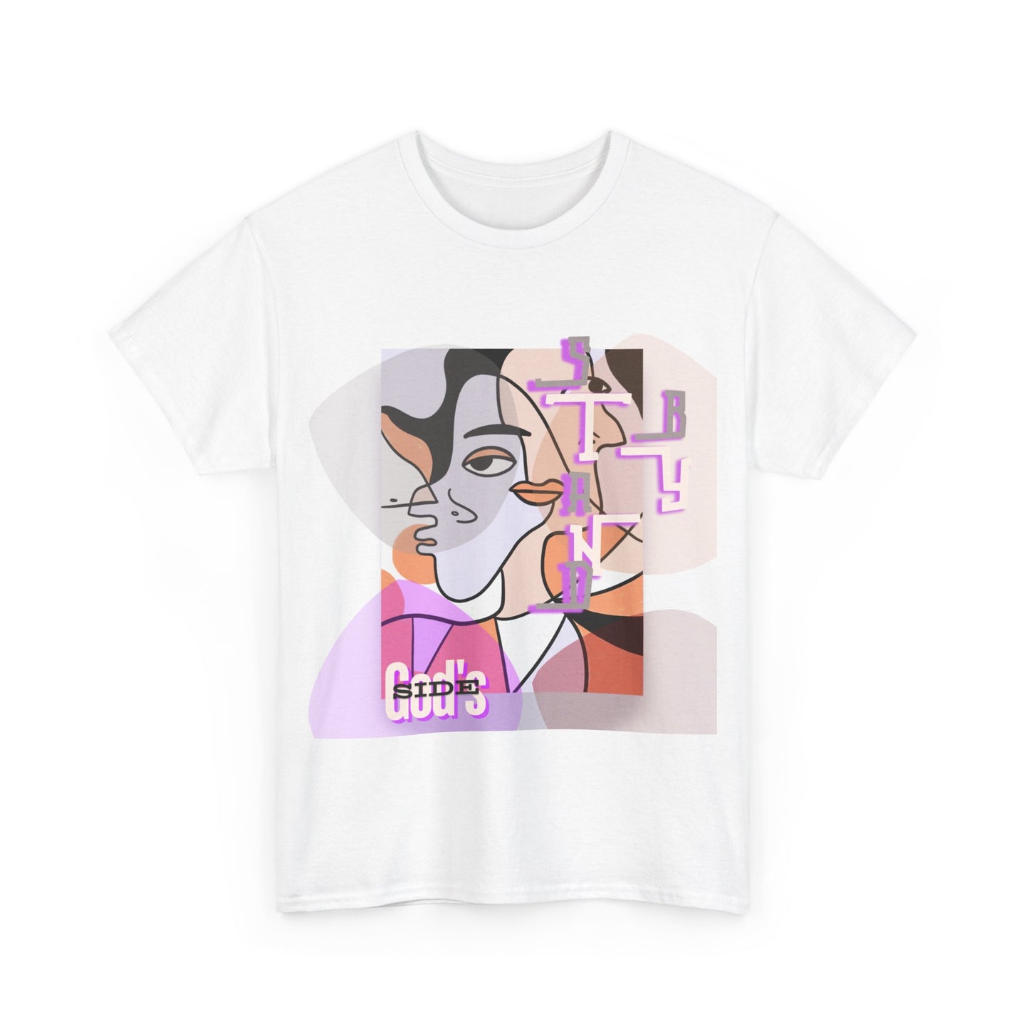 Heavy Cotton Tee with Two Cool Abstract Face Drawings - "Stand by GODS SIDE