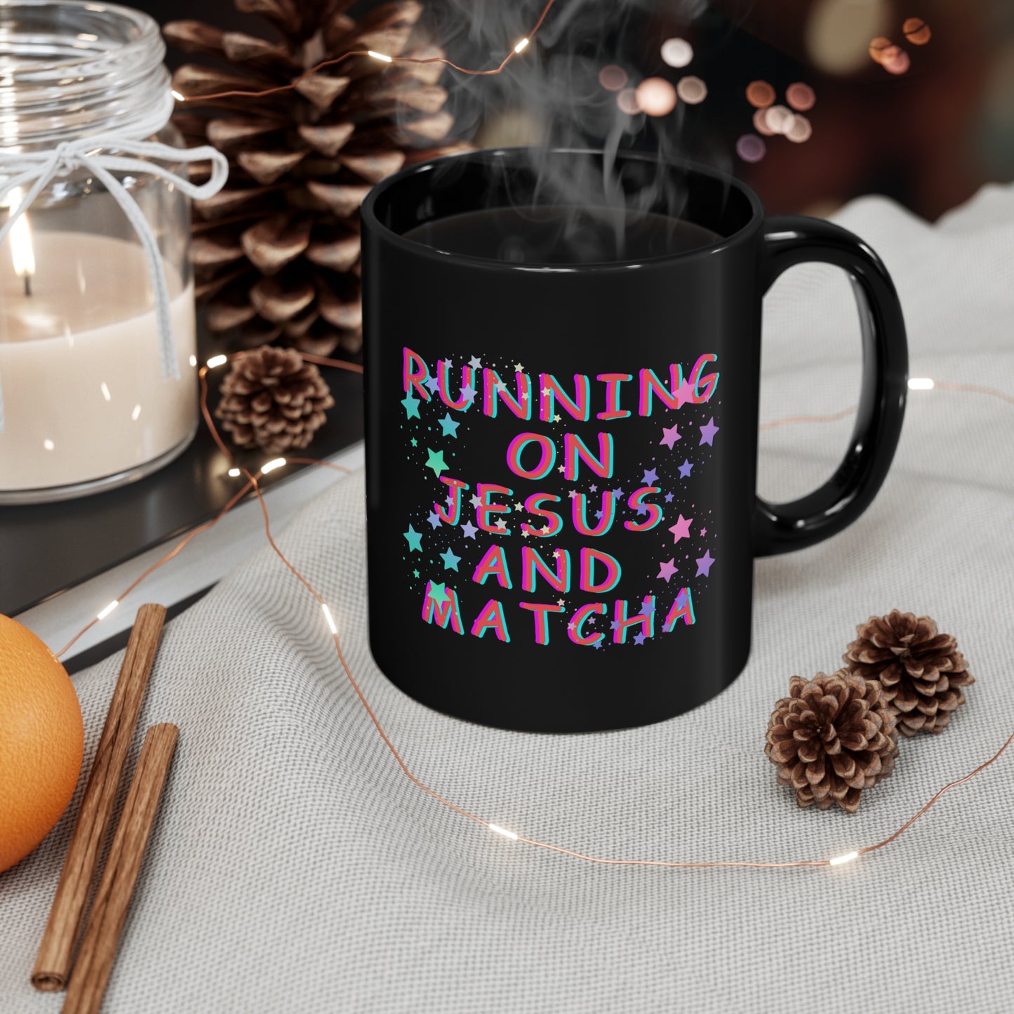Running on Jesus and Matcha 11oz Black Mug