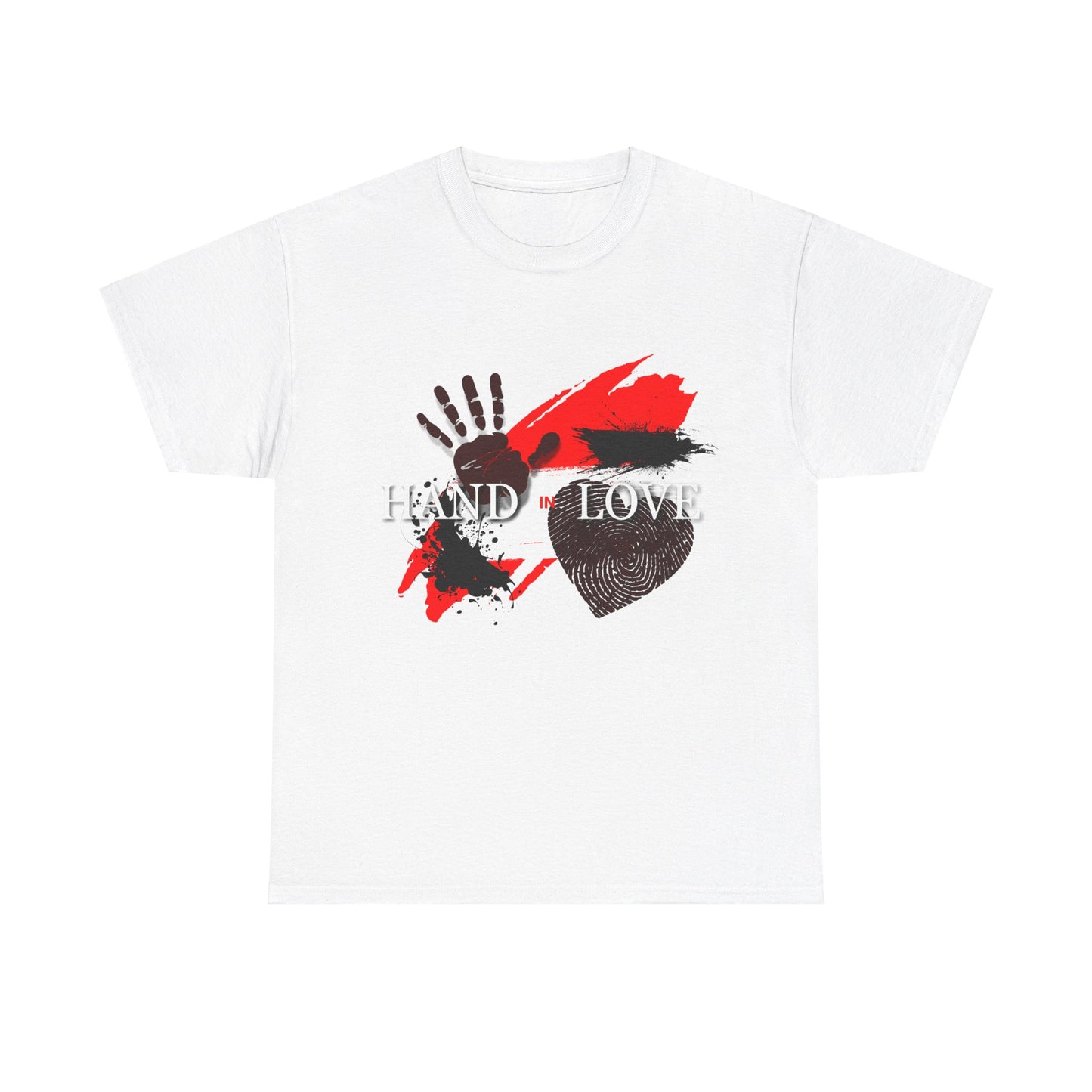 Heavy Cotton Tee with Powerful Ink Hand Print and Splattered Ink - "Hand in Love"