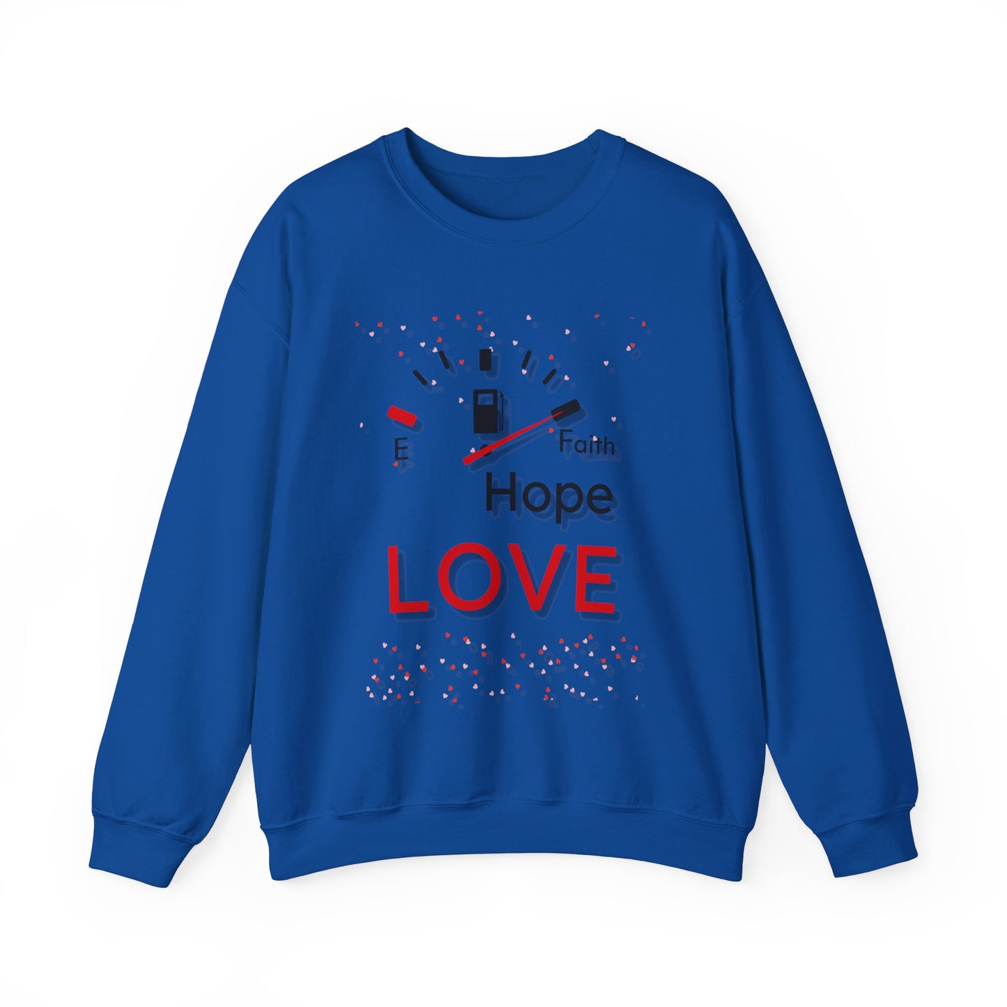 Fuel Your Faith: Graphic Crewneck Sweater with Faith Hope Love and Full Gas Tank Design