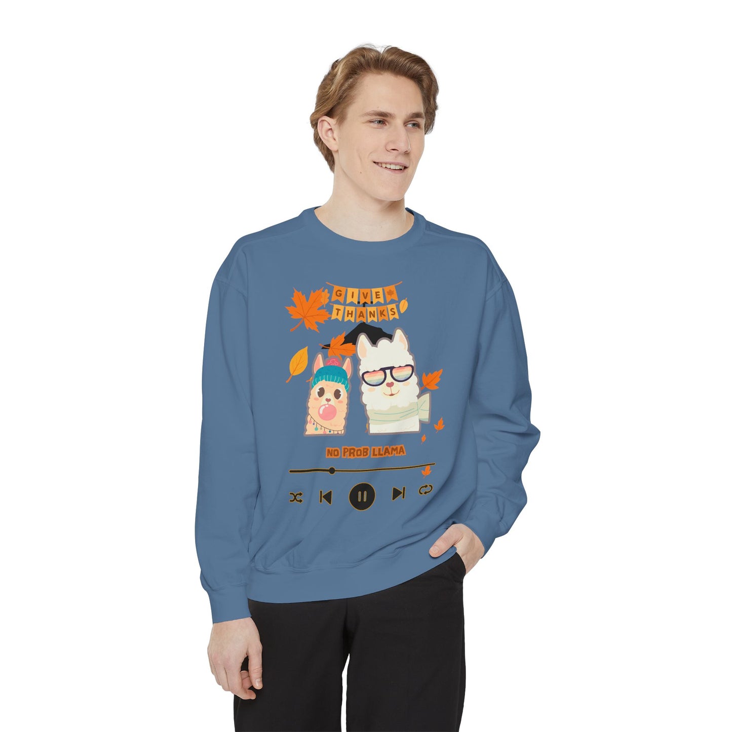 Garment-Dyed Sweatshirt Cozy Fall Autumn Give Thanks Graphic Llama
