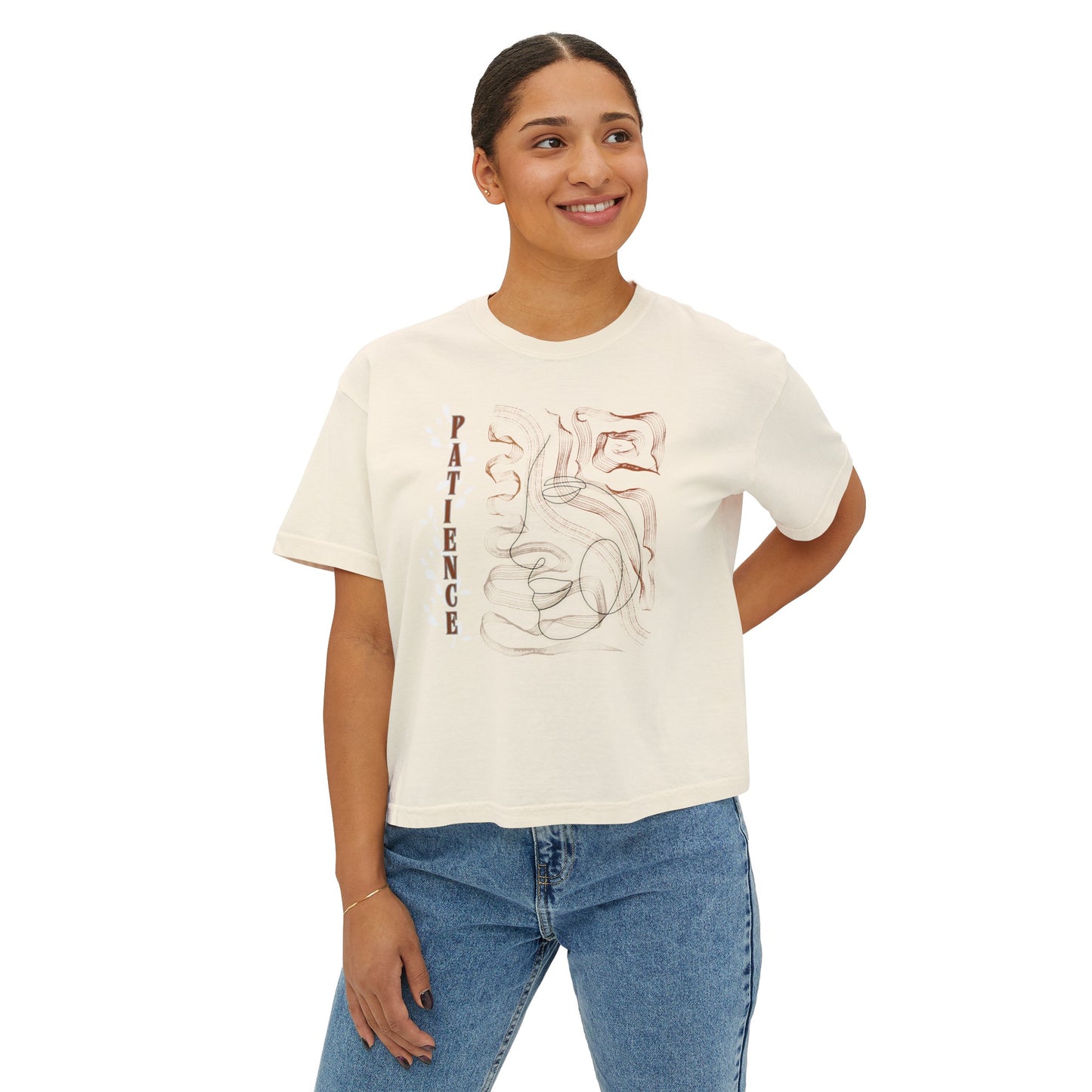 Women's Boxy Tee with Abstract Face Doodle Drawing - "PATIENCE"