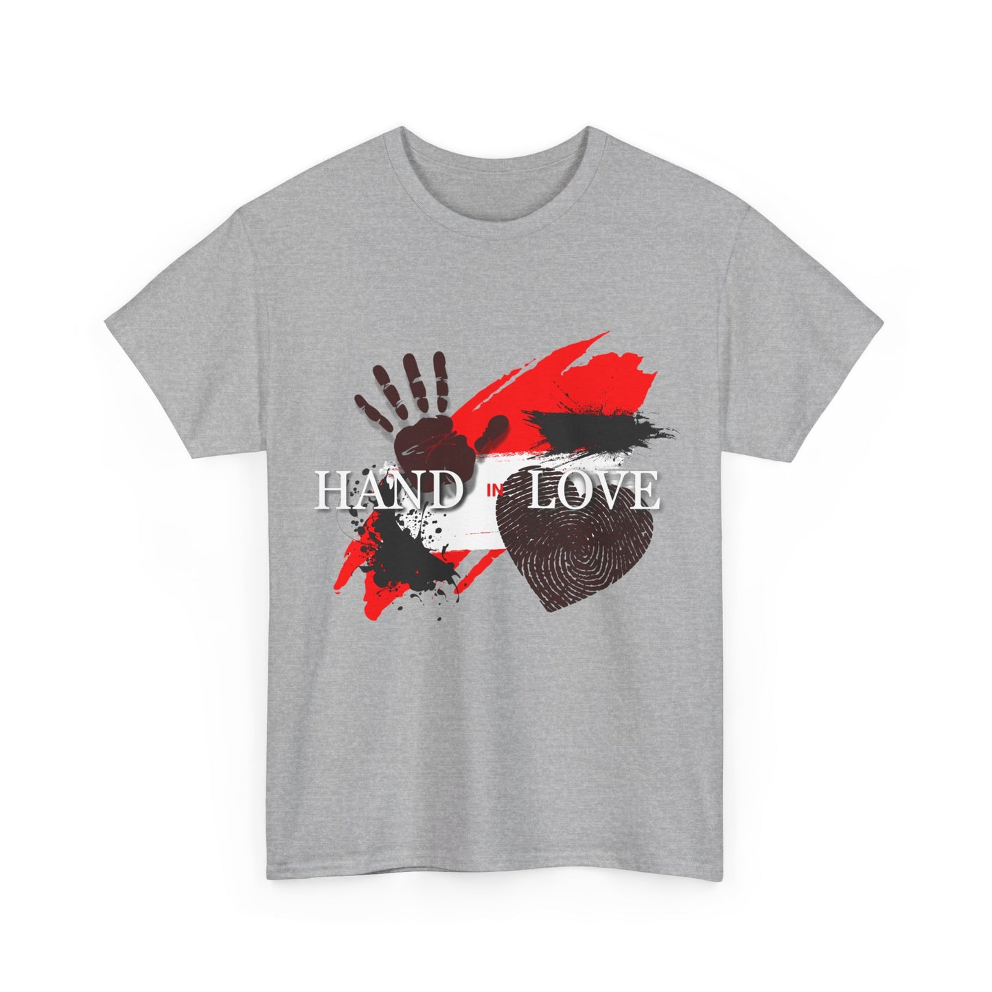 Heavy Cotton Tee with Powerful Ink Hand Print and Splattered Ink - "Hand in Love"