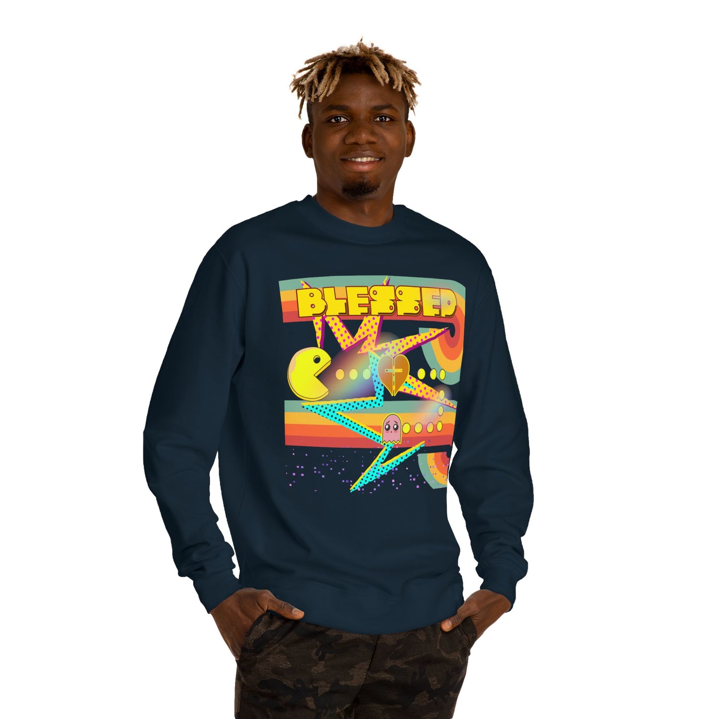 Retro Arcade Blessed Sweatshirt, Unisex Crew Neck Sweatshirt, Gamer Gift, Vintage Aesthetic Apparel, Cozy Gift for Gamers
