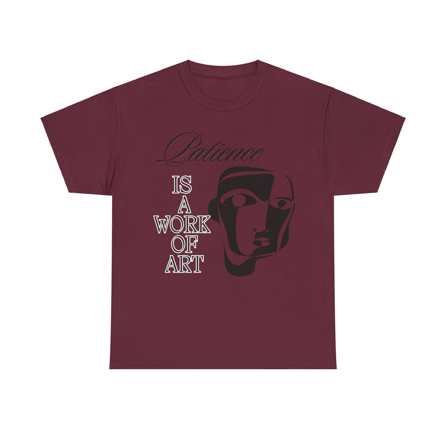 Heavy Cotton Tee with Abstract Face Drawing - "Patience is a Work of Art"