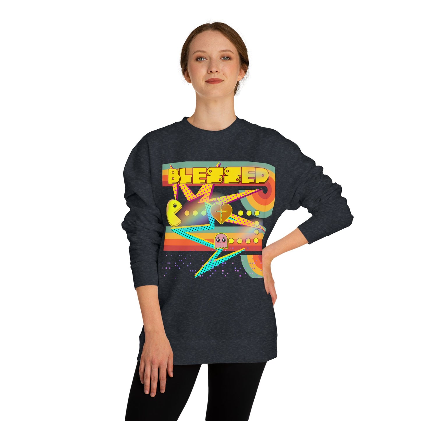 Retro Arcade Blessed Sweatshirt, Unisex Crew Neck Sweatshirt, Gamer Gift, Vintage Aesthetic Apparel, Cozy Gift for Gamers