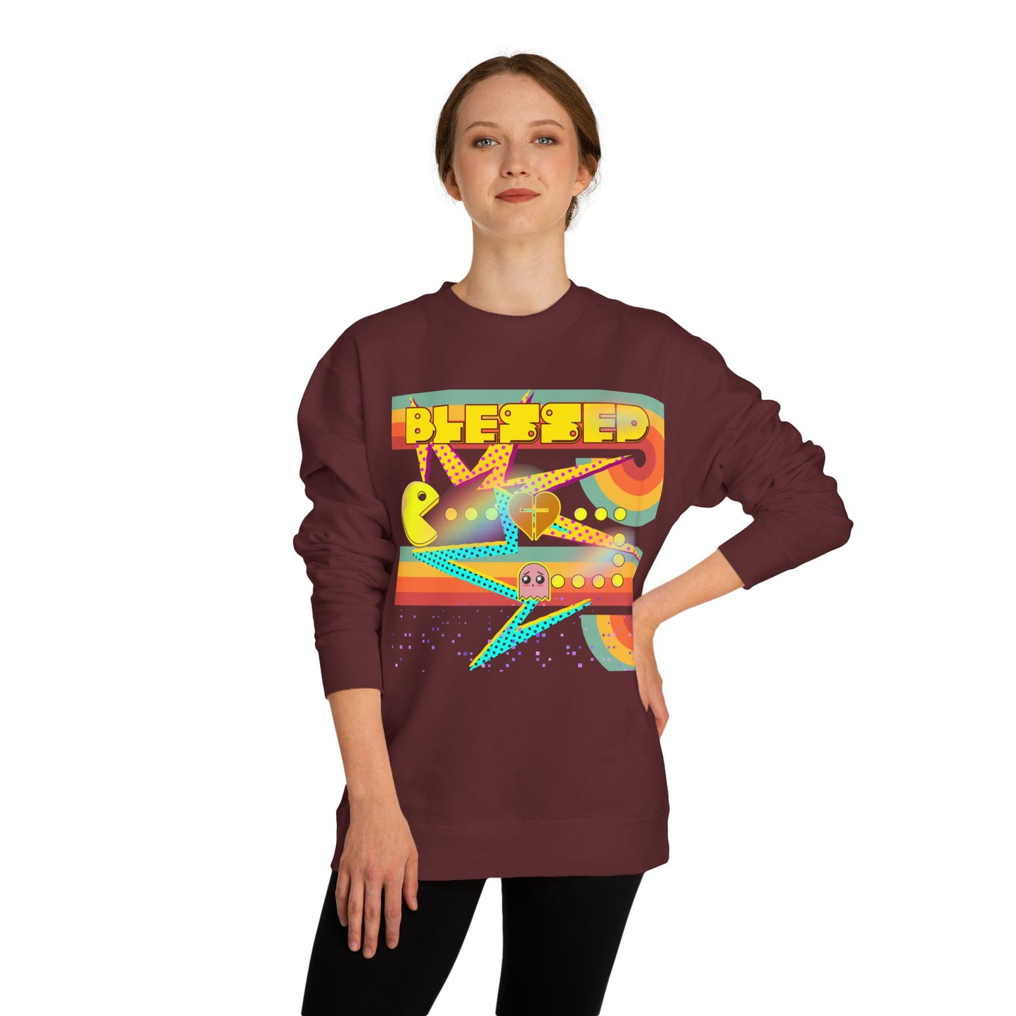 Retro Arcade Blessed Sweatshirt, Unisex Crew Neck Sweatshirt, Gamer Gift, Vintage Aesthetic Apparel, Cozy Gift for Gamers