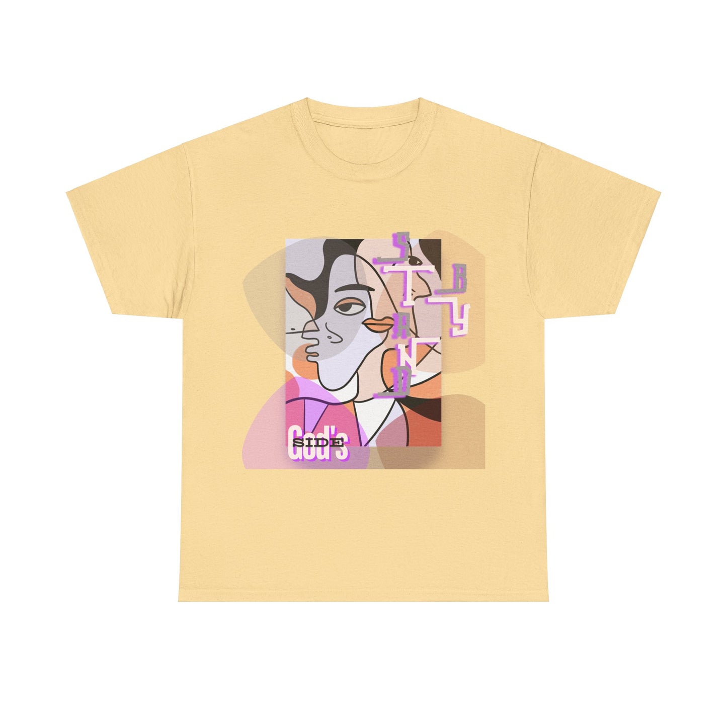 Heavy Cotton Tee with Two Cool Abstract Face Drawings - "Stand by GODS SIDE