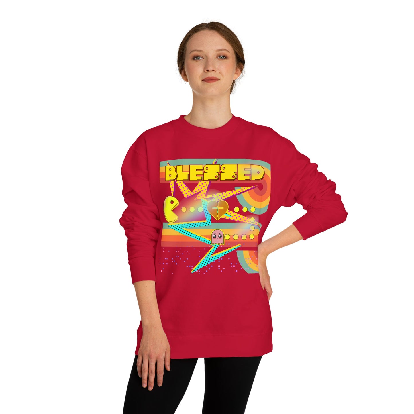 Retro Arcade Blessed Sweatshirt, Unisex Crew Neck Sweatshirt, Gamer Gift, Vintage Aesthetic Apparel, Cozy Gift for Gamers