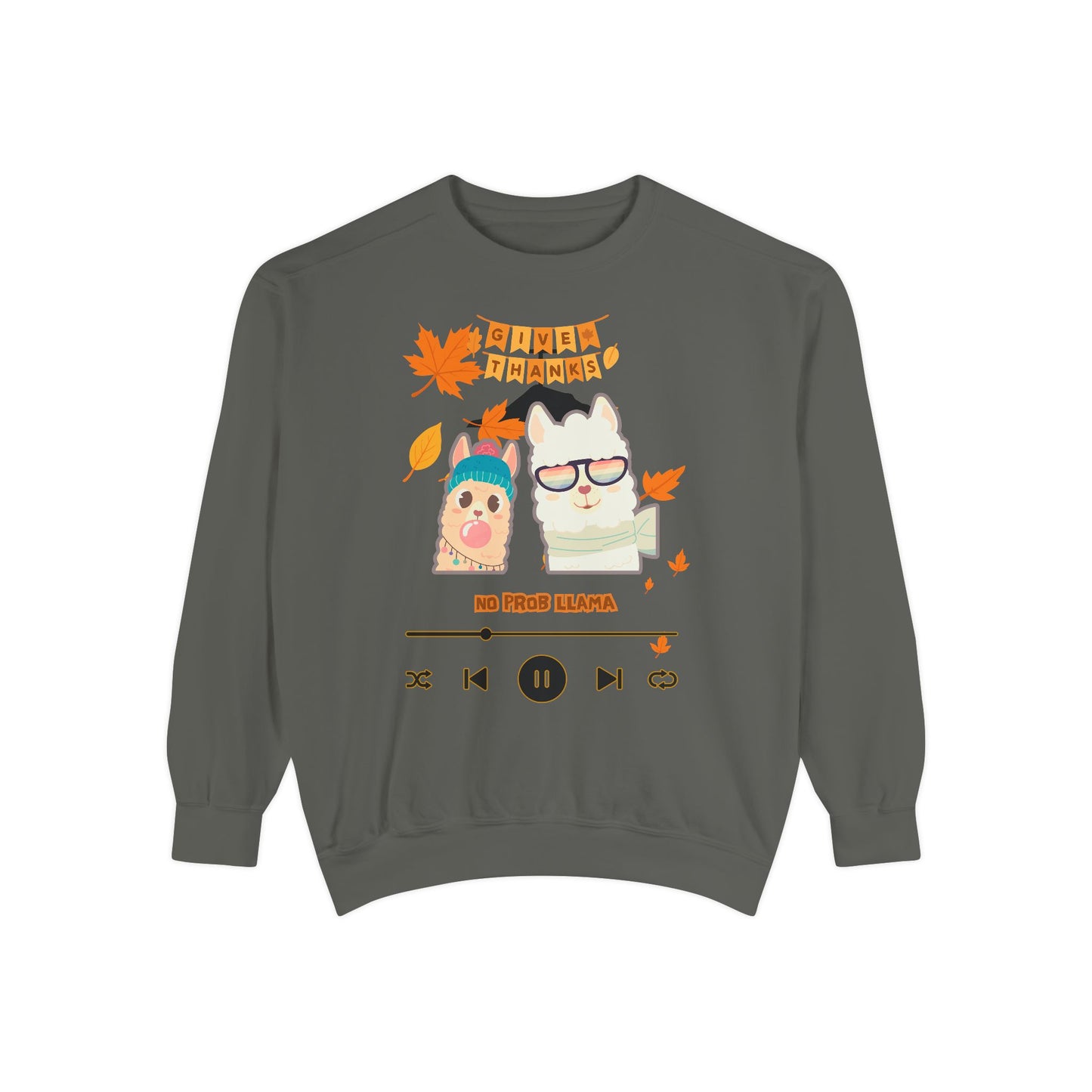 Garment-Dyed Sweatshirt Cozy Fall Autumn Give Thanks Graphic Llama