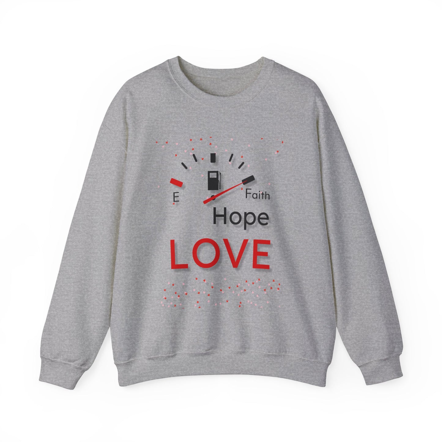 Fuel Your Faith: Graphic Crewneck Sweater with Faith Hope Love and Full Gas Tank Design