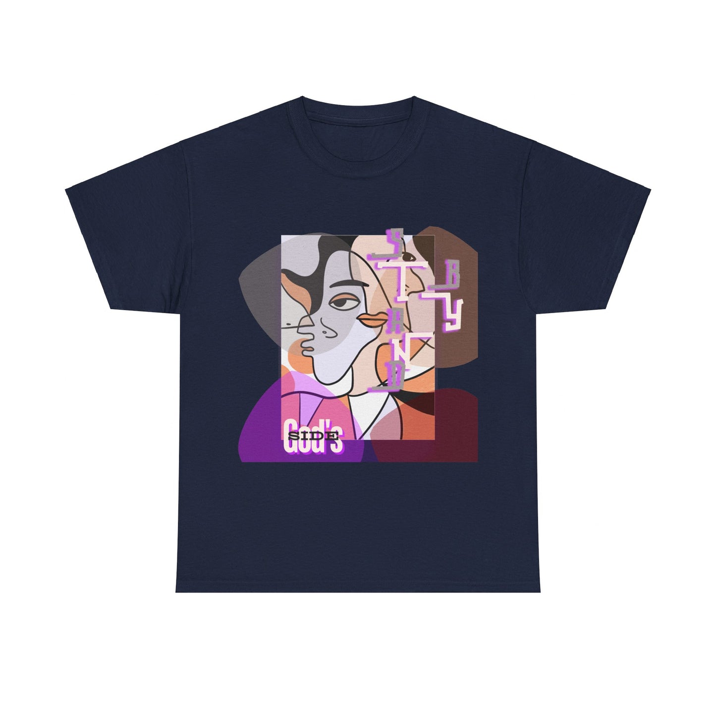Heavy Cotton Tee with Two Cool Abstract Face Drawings - "Stand by GODS SIDE