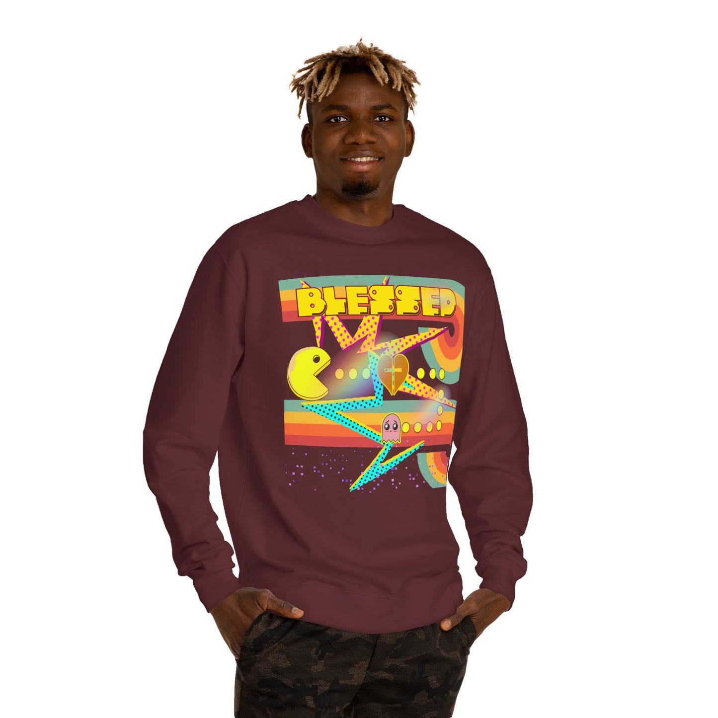 Retro Arcade Blessed Sweatshirt, Unisex Crew Neck Sweatshirt, Gamer Gift, Vintage Aesthetic Apparel, Cozy Gift for Gamers