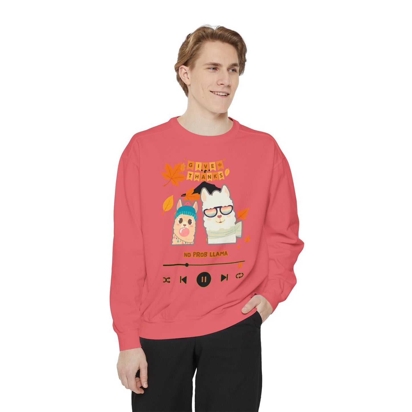Garment-Dyed Sweatshirt Cozy Fall Autumn Give Thanks Graphic Llama
