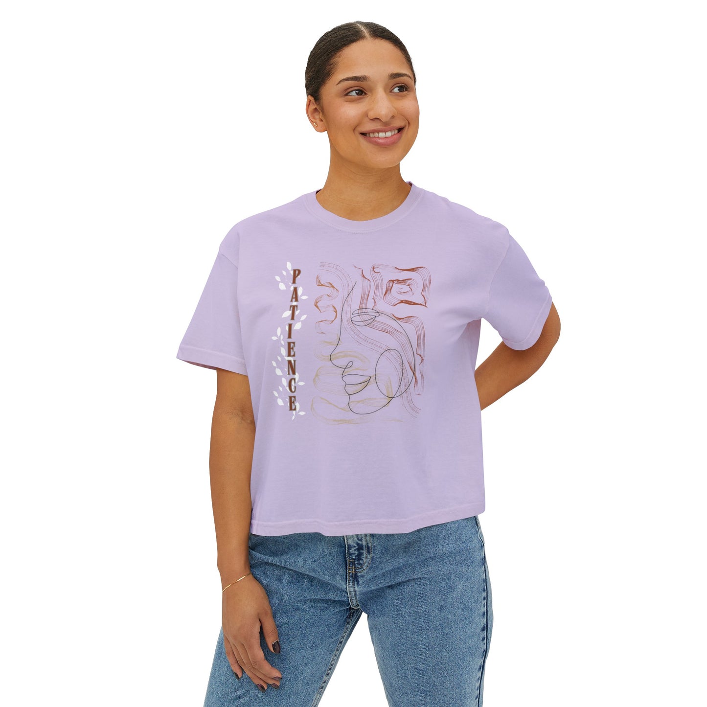 Women's Boxy Tee with Abstract Face Doodle Drawing - "PATIENCE"