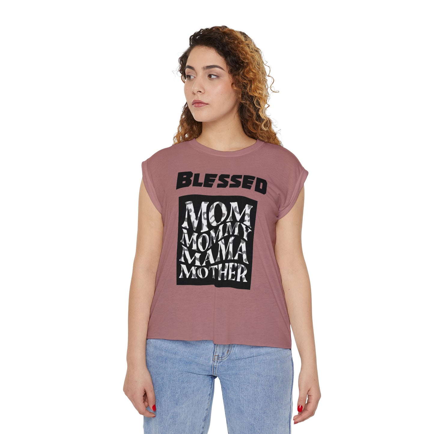 Women's Flowy Rolled Cuffs Muscle Tee - "Blessed Mom Mommy Mama Mother"