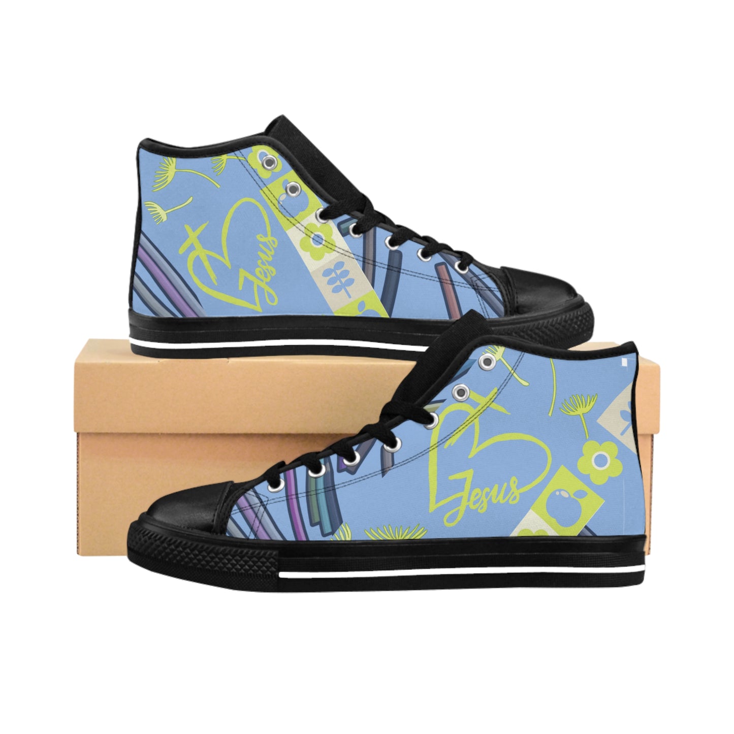 Heart Jesus Women's Shoe: Unique Chartreuse with light Blue Accents