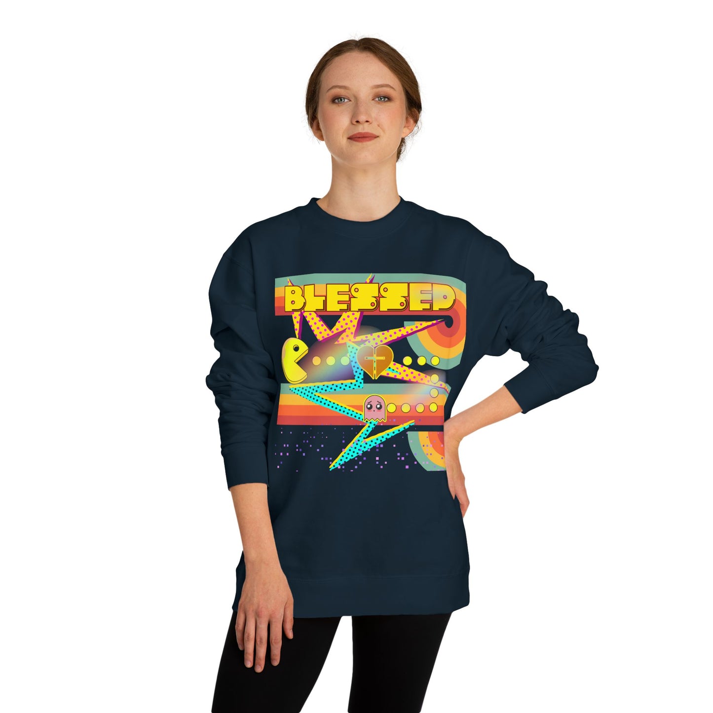 Retro Arcade Blessed Sweatshirt, Unisex Crew Neck Sweatshirt, Gamer Gift, Vintage Aesthetic Apparel, Cozy Gift for Gamers