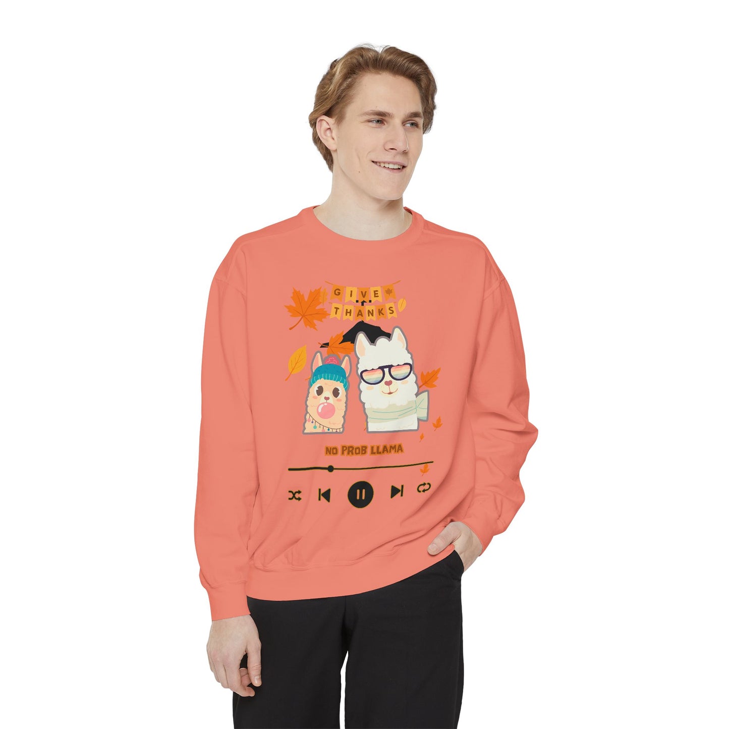 Garment-Dyed Sweatshirt Cozy Fall Autumn Give Thanks Graphic Llama