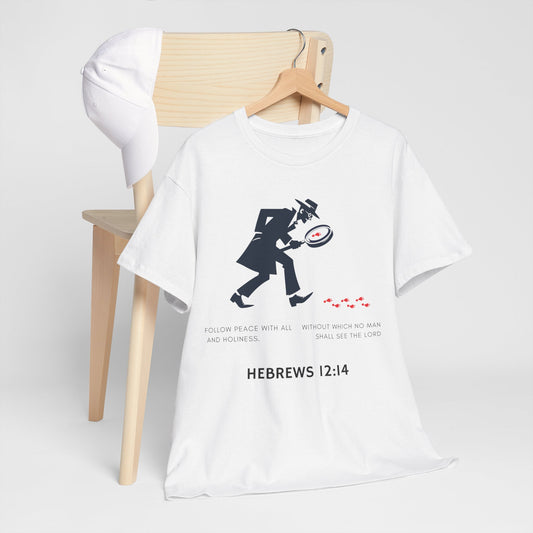 Unisex Heavy Cotton Tee with Detective Graphic and Hebrews 12:14