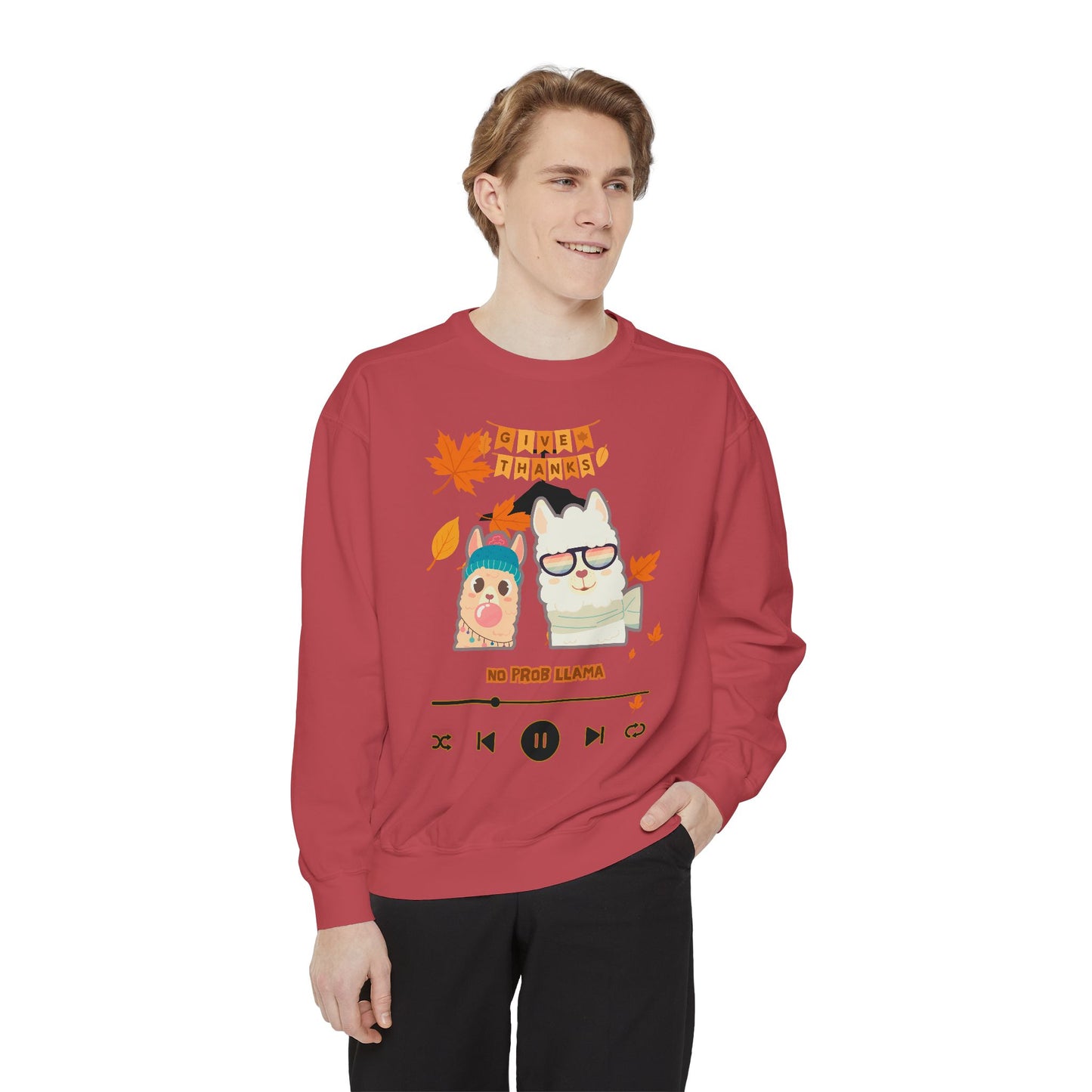 Garment-Dyed Sweatshirt Cozy Fall Autumn Give Thanks Graphic Llama