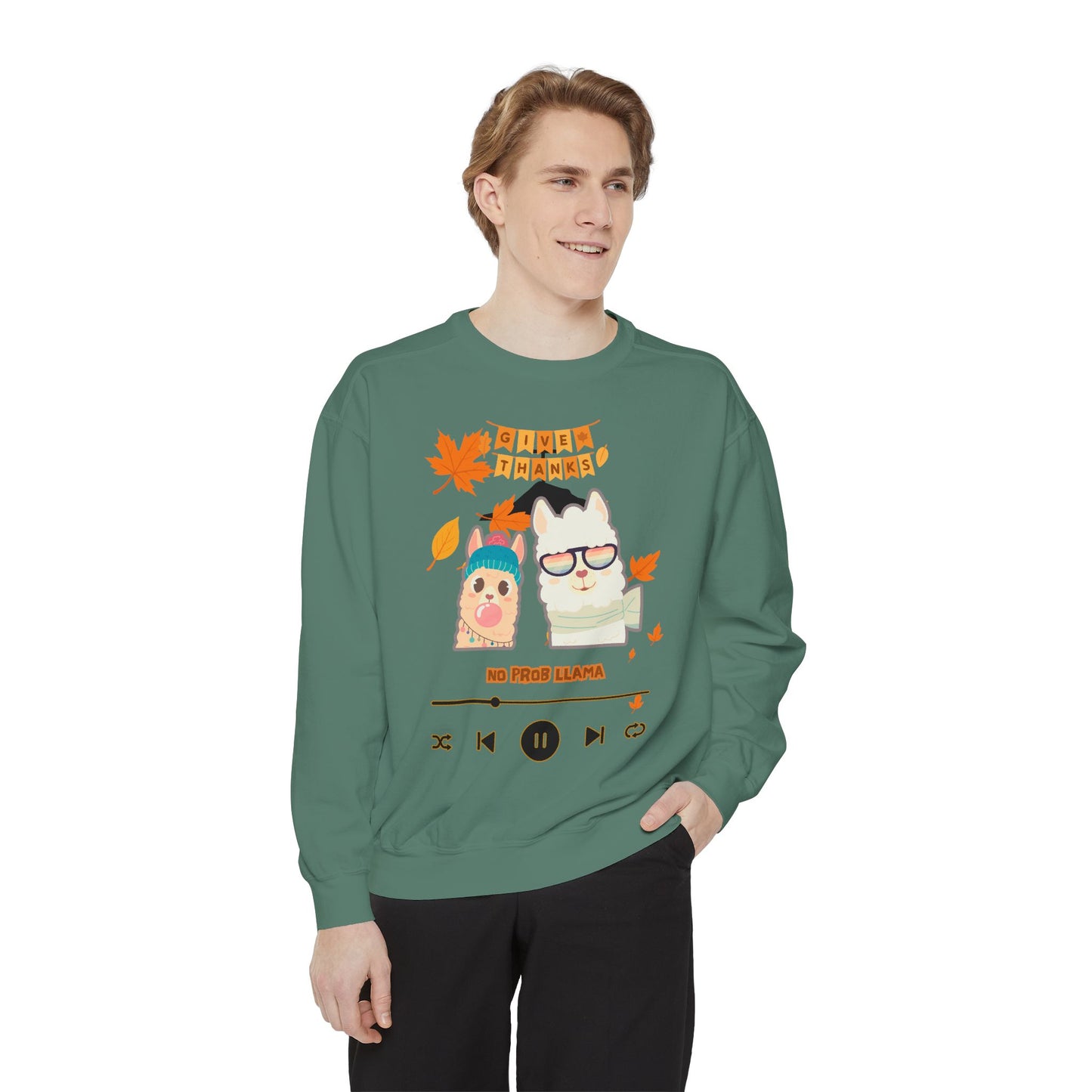 Garment-Dyed Sweatshirt Cozy Fall Autumn Give Thanks Graphic Llama