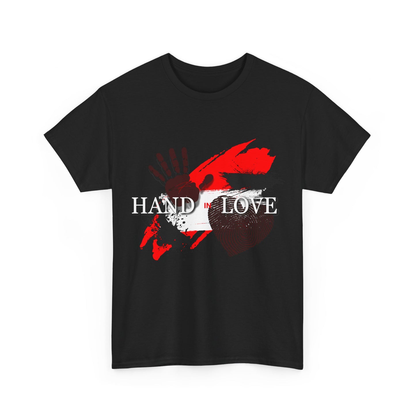 Heavy Cotton Tee with Powerful Ink Hand Print and Splattered Ink - "Hand in Love"