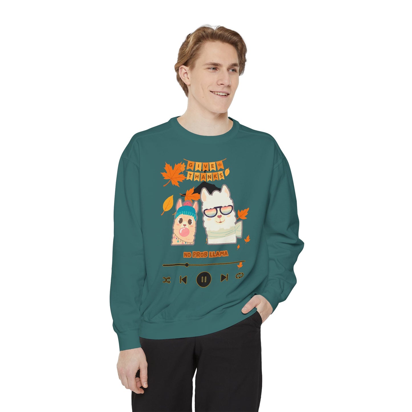 Garment-Dyed Sweatshirt Cozy Fall Autumn Give Thanks Graphic Llama