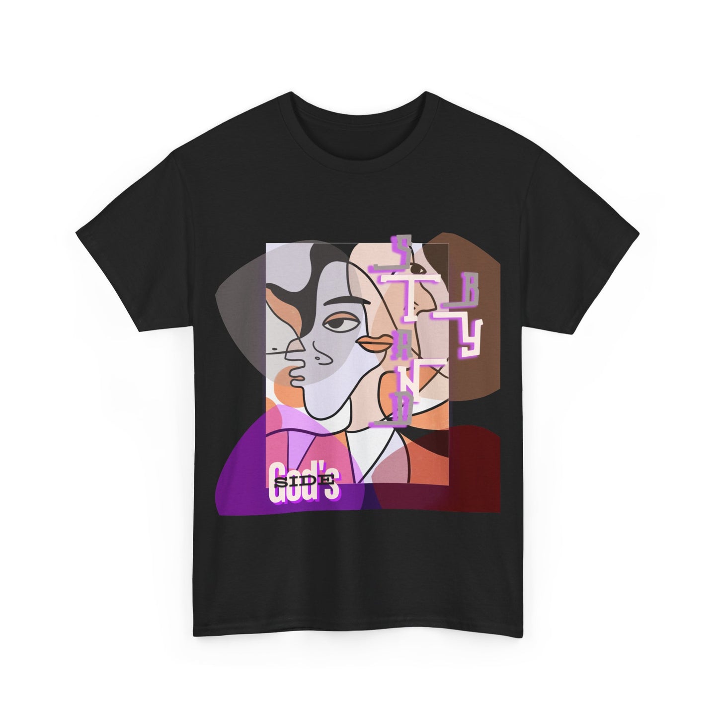 Heavy Cotton Tee with Two Cool Abstract Face Drawings - "Stand by GODS SIDE