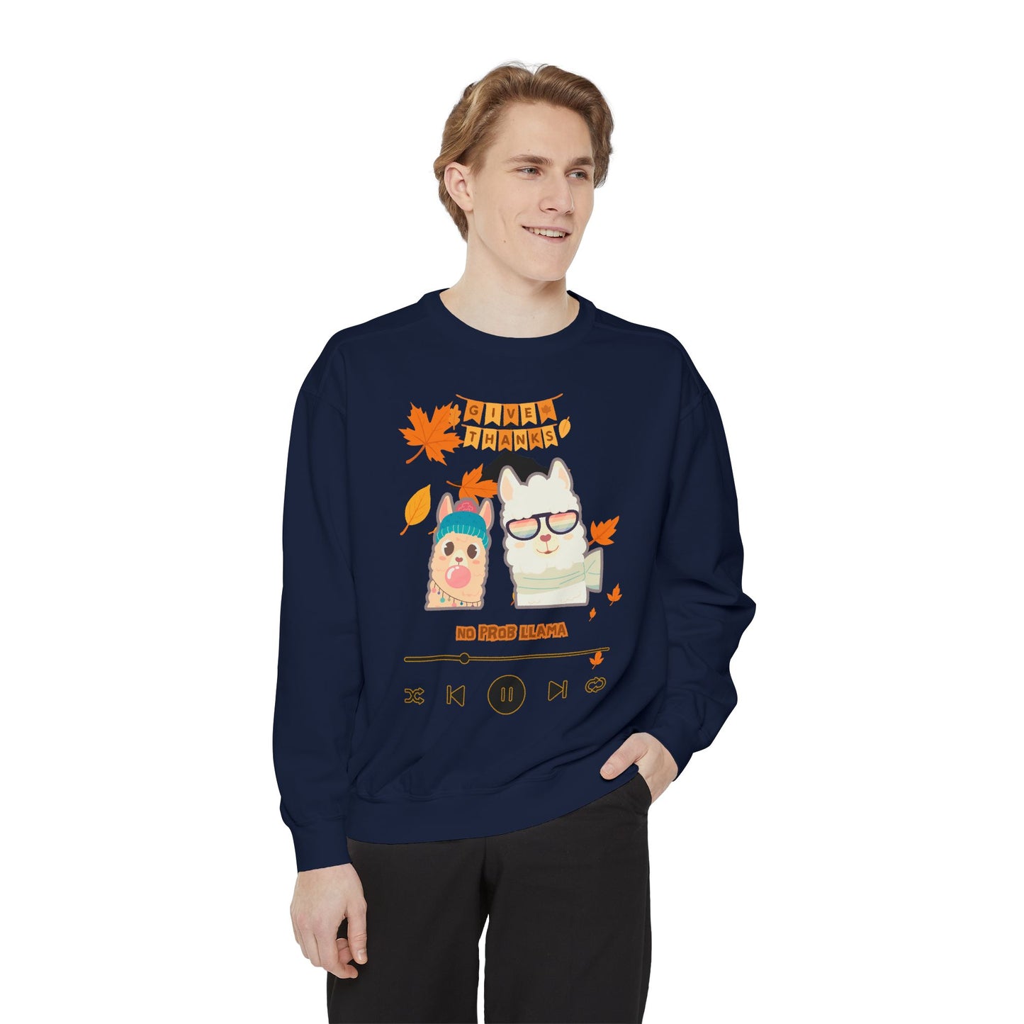 Garment-Dyed Sweatshirt Cozy Fall Autumn Give Thanks Graphic Llama
