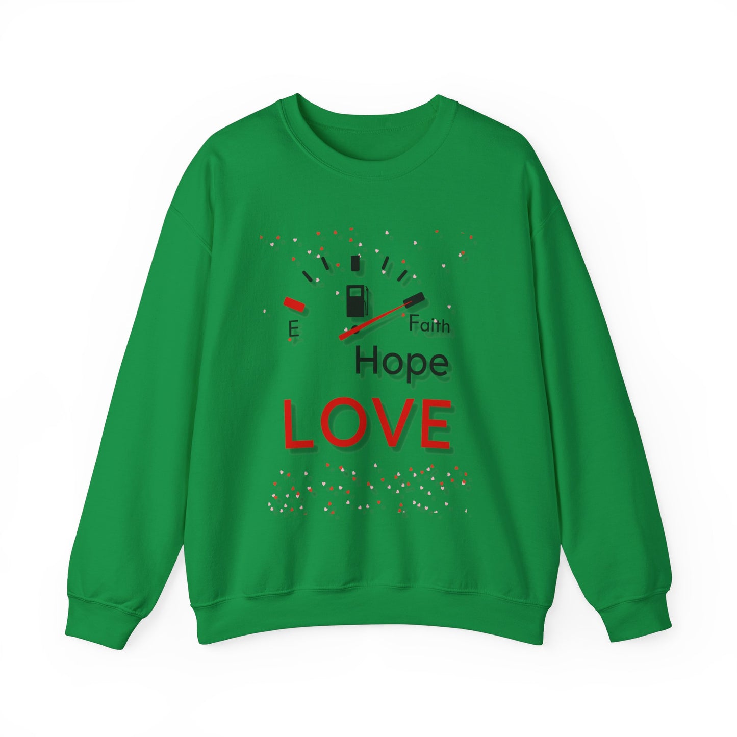 Fuel Your Faith: Graphic Crewneck Sweater with Faith Hope Love and Full Gas Tank Design