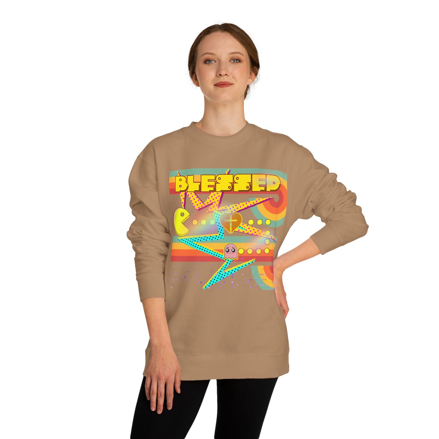 Retro Arcade Blessed Sweatshirt, Unisex Crew Neck Sweatshirt, Gamer Gift, Vintage Aesthetic Apparel, Cozy Gift for Gamers