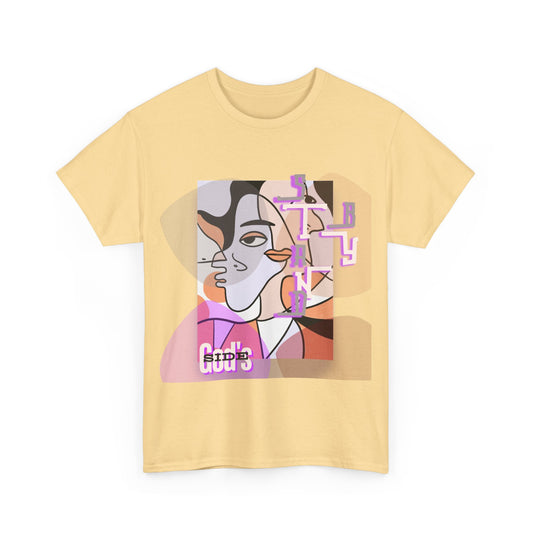 Heavy Cotton Tee with Two Cool Abstract Face Drawings - "Stand by GODS SIDE