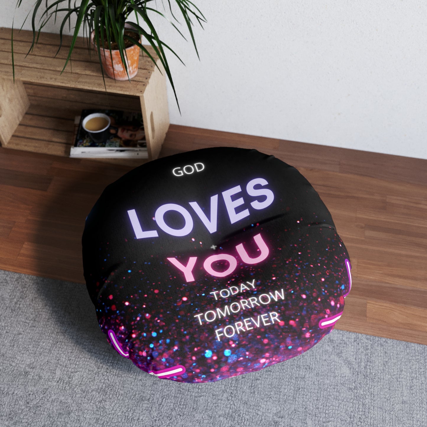 God Loves You Tufted Floor Pillow, Round