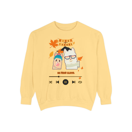 Garment-Dyed Sweatshirt Cozy Fall Autumn Give Thanks Graphic Llama