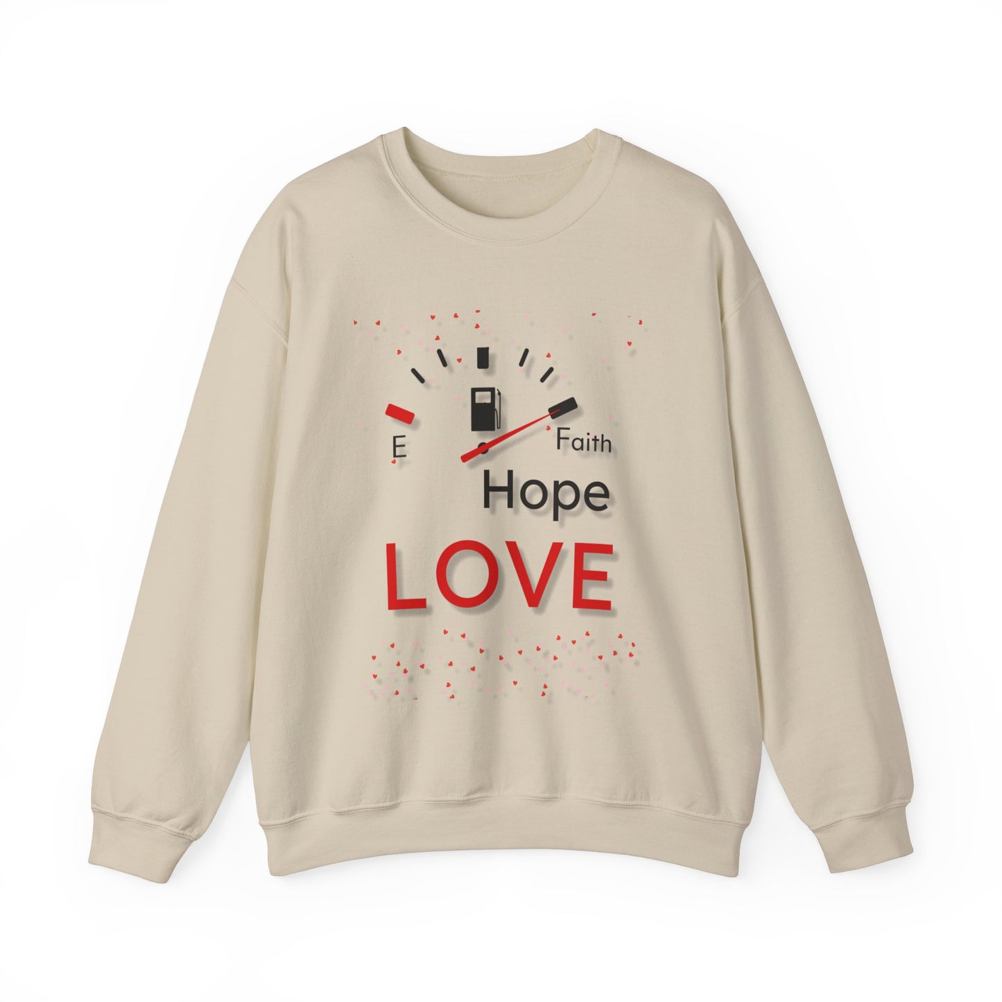 Fuel Your Faith: Graphic Crewneck Sweater with Faith Hope Love and Full Gas Tank Design
