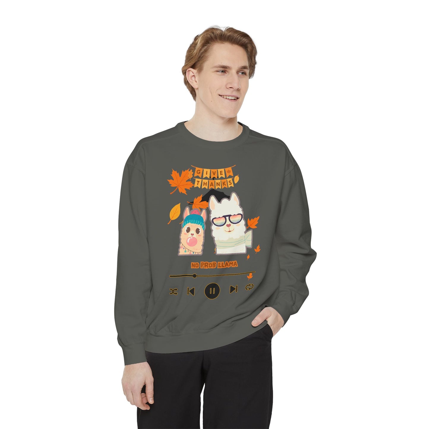 Garment-Dyed Sweatshirt Cozy Fall Autumn Give Thanks Graphic Llama