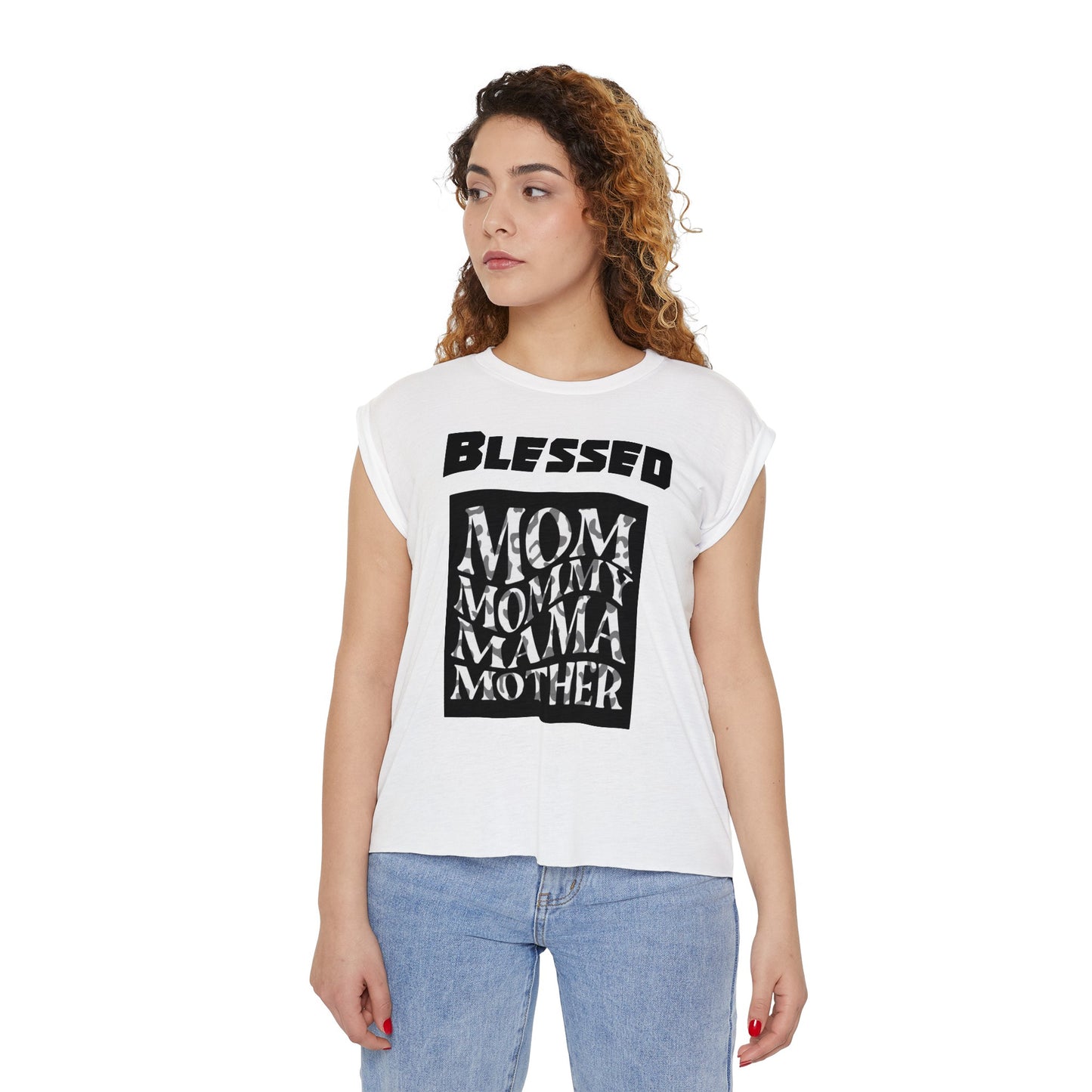 Women's Flowy Rolled Cuffs Muscle Tee - "Blessed Mom Mommy Mama Mother"